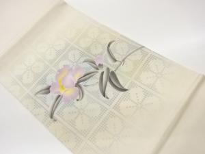 塩瀬　銀彩　花葉に格子模様開き名古屋帯(額縁仕立て)